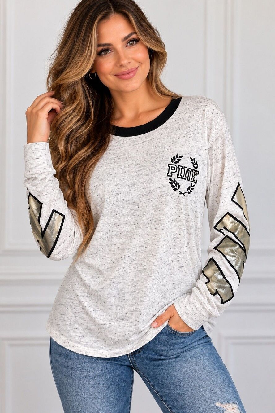 Pink Victoria's Secret Women's White/gray Sequin Logo Shirt M Metallic Graphic